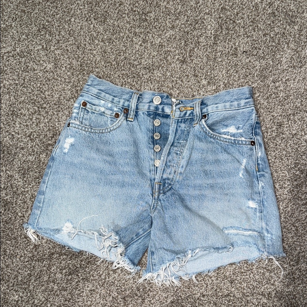 Agolde Light Blue Distressed Denim Shorts
